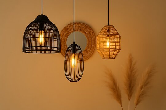 A scenario inspired by boho chic, featuring a black wicker dome pendant, an oval black wire lamp, a hexagonal rattan light, a beige wall illuminated by warm bulbs, a woven round mirror, and a soft pam