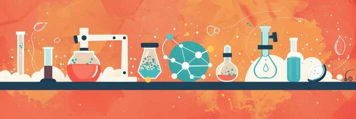 Celebrating world science day with colorful chemistry lab equipment on orange background. World Science Day for Peace and Development. Horizontal banner. Copy space. World youth skills day