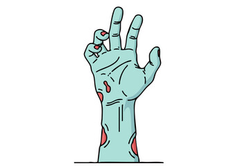 A stylized zombie hand reaching up, with a spooky graphic. Bold, bright colors and a modern illustration style. Perfect for Halloween or horror themes.