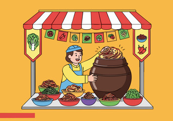 A smiling vendor proudly displays a large barrel of kimchi at a colorful Korean food stall. Bright, inviting, and perfect for food or travel themes.