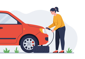 Woman changing red cars tire roadside, suitable for automotive blogs, roadside assistance services, car maintenance websites, and social media posts.