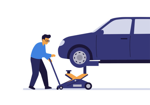 Man lifting a car with a jack, demonstrating auto repair or emergency situation. Suitable for automotive blogs, tutorials, or mechanic websites.