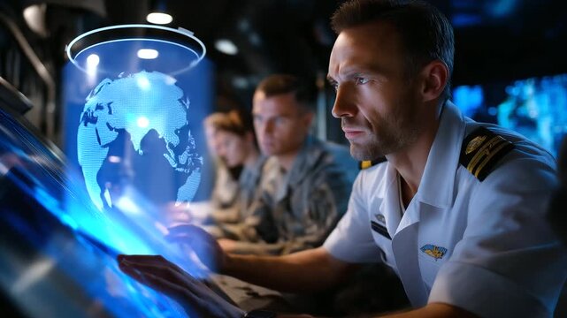 Commanders reviewing tactical data streams on high-resolution digital panels, illuminated by subtle blue ambient light, cinematic detail, with copy space.