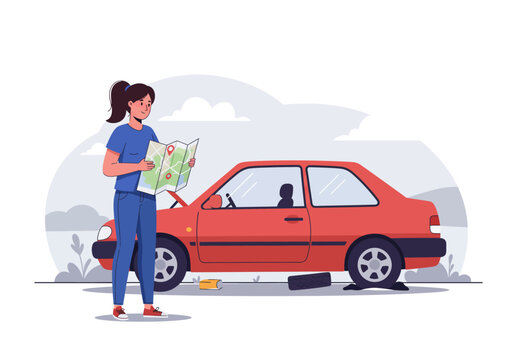Woman lost near broken car, uses map. Suitable for travel, navigation, transportation themes. Adventure, roadside assistance concepts. Outdoor exploration content.