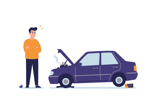 Man looking stressed next to his broken down car. Perfect for automotive, insurance, and roadside assistance related concepts.