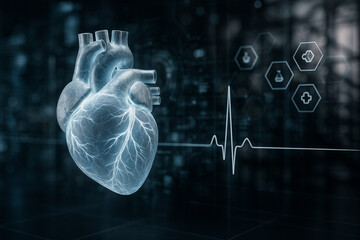 AI generated 3D digital heart glowing in blue white light symbolizing intelligent healthcare technology data analysis and precision medicine in futuristic environment