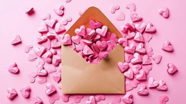 Envelope filled with pink heart-shaped objects on pink background