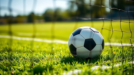 Soccer ball nestled in the net against a lush green field, capturing a moment of victory.