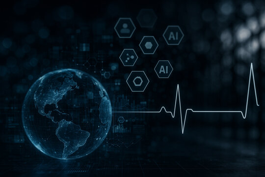 AI generated hyper detailed the pulse of digital world blending data heartbeat line glowing globe and floating technology icons symbolizing AI analytics global connectivity in a futuristic atmosphere