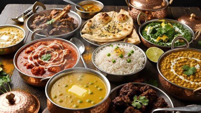 This 4k close-up showcases a vibrant variety of Indian dishes arranged on a table, displaying naan bread, rice, curries, and meats with warm, inviting colors.