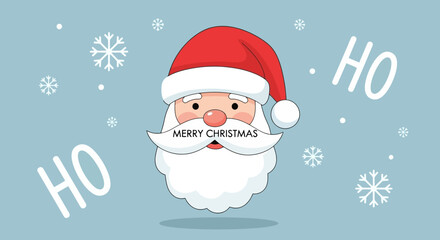 Holiday illustration featuring Santa Claus with Merry Christmas message and snowflakes on a blue background