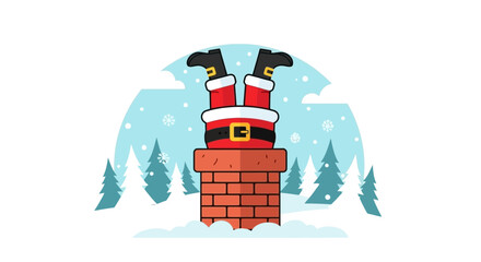Santa Claus Stuck in Chimney with Snow and Trees - Christmas Illustration