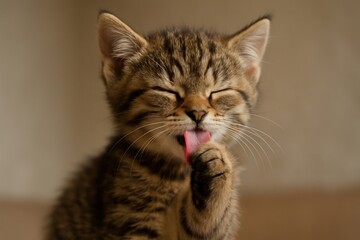 Obraz premium Adorable kitten licking paw