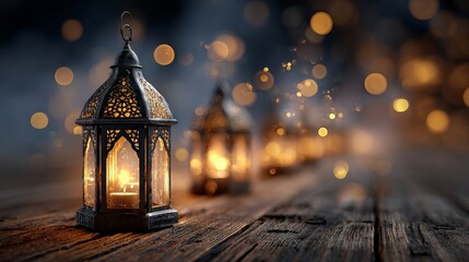 Ornate metal lanterns glowing on rustic wooden table with soft warm candlelight blurred background of lanterns and bokeh lights cozy holiday decor ambiance still life for product mockup and branding