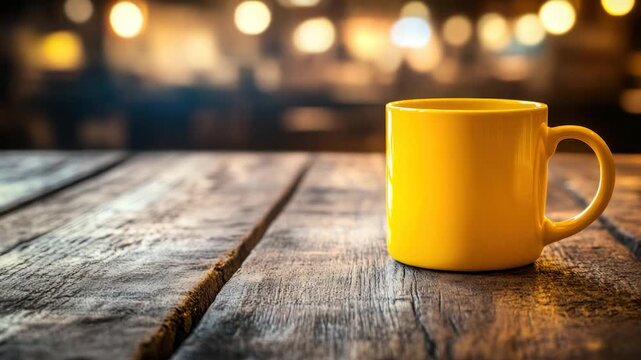 A bright yellow mug sits on a rustic wooden table, out of focus background