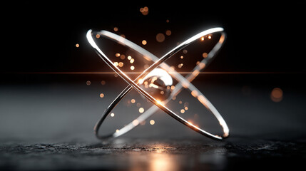 Floating metallic atom with radiant orbital paths glowing in motion symbolizing energy structure technology and the invisible forces shaping matter in a hyperrealistic scientific visualization