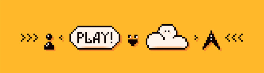 Pixel art Y2K white and yellow arrows, speech bubble, play button and cute cloud.