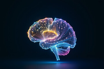 A digital representation of a brain, showing glowing lines and lights, illustrates complex neural connections in a dark environment. Generative AI.