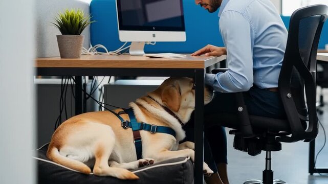 Modern pet friendly office promoting work life balance with calm dog resting on comfortable bed under workplace desk