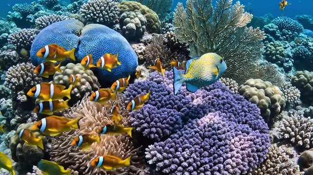Dive into vibrant coral reef life with schools of colorful fish swimming gracefully, a mesmerizing underwater scene perfect for nature and ocean lovers