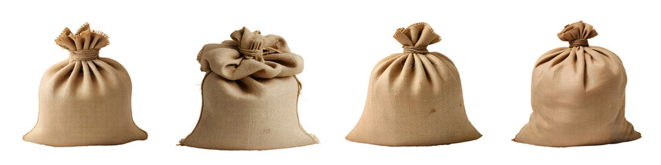 Set For Four tied burlap sacks isolated on transparent background, empty inside