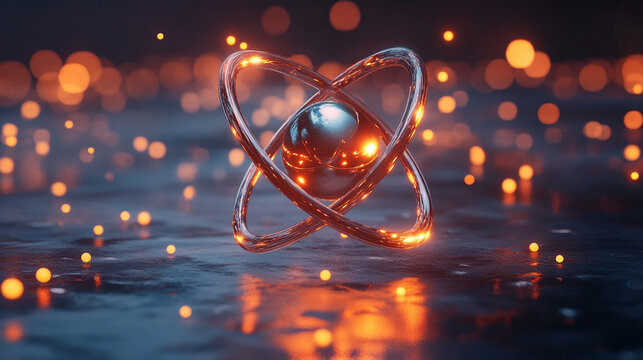 Floating metallic atom with radiant orbital paths glowing in motion symbolizing energy structure technology and the invisible forces shaping matter in a hyperrealistic scientific visualization