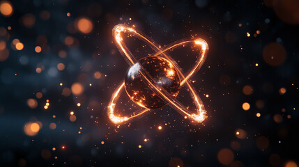 Floating metallic atom with radiant orbital paths glowing in motion symbolizing energy structure technology and the invisible forces shaping matter in a hyperrealistic scientific visualization
