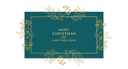 Elegant Christmas and New Year Greeting Card with Golden Floral Border and Teal Background