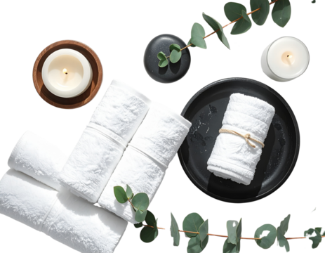 Flat Lay of Relaxing Spa Elements with Candles, Stones, and Towels Isolated on Transparent Background PNG