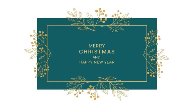 Elegant Christmas and New Year Greeting Card with Golden Floral Border and Teal Background