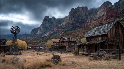 Rustic Ghost Town Amidst Majestic Mountains Under Dramatic Clouds