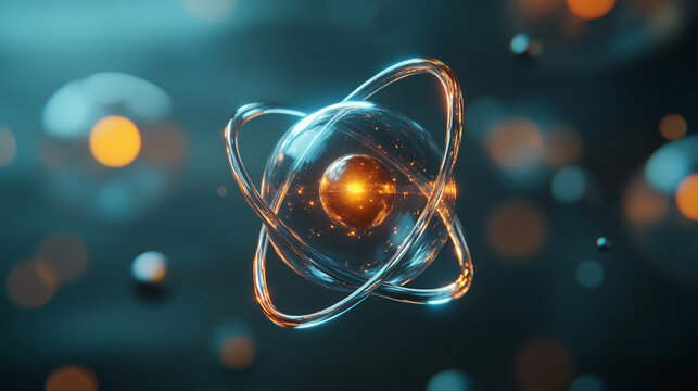 Floating metallic atom with radiant orbital paths glowing in motion symbolizing energy structure technology and the invisible forces shaping matter in a hyperrealistic scientific visualization