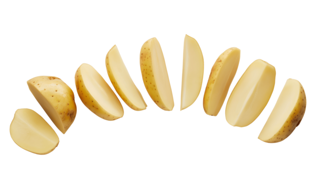 Potato wedges arranged in a semicircle isolated on transparent background