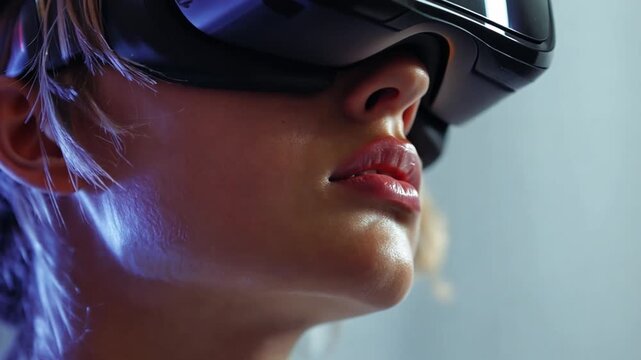 Virtual Reality Immersion: A close-up shot captures a person deeply engaged in the virtual world, eyes focused behind a sleek VR headset, and subtle blue light adding an atmospheric glow
