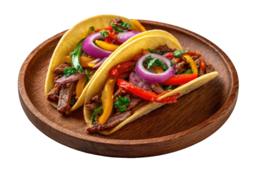 Two tacos filled with meat and veggies on a wooden plate