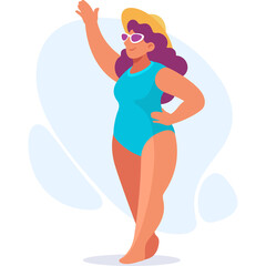 A woman in a blue swimsuit and yellow hat waves happily with purple hair and sunglasses on a sunny day with a blue and white background illustration