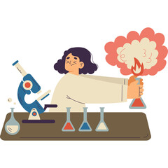 A Woman In A Lab Coat Conducts A Science Experiment With A Microscope Beakers And A Small Explosion Of Fire And Smoke On A Table