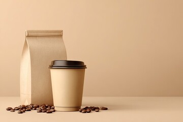 Coffee beans a takeaway cup and a paper bag on a beige surface