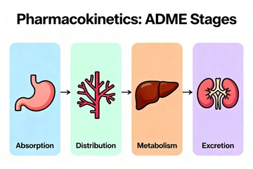 Illustrative Diagram of Pharmacokinetics ADME Stages with Colorful Visualizations