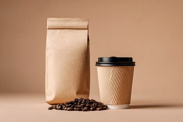 Brown coffee beans paper bag and disposable cup on beige background