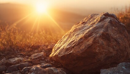 Golden sunset light illuminates a large wet rock in a natural landscape