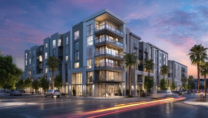 Modern apartment complex glows at dusk with city street and palm trees