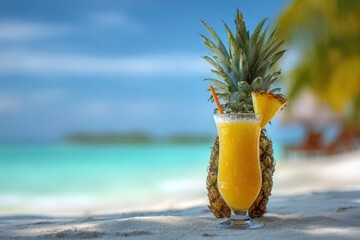 Tropical paradise a refreshing pineapple cocktail on a beautiful sandy beach