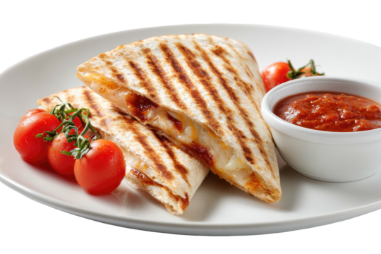 Grilled quesadilla, tomato sauce, and cherry tomato garnish
