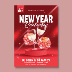 New Year Celebration Poster Template in Red Color with Disco Ball and Wine Glass for Club, Night Party.