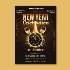 New Year Celebration Invitation Card in Black and Golden Color with Wall Clock, Champagne Bottle and Glass for Club, Disco, Night Party Event.