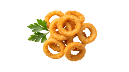 Pile of fried onion rings isolated on transparent background