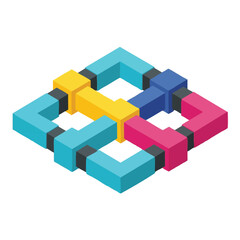 Obraz premium An abstract isometric illustration depicts a complex system of brightly colored L-shaped blocks securely interconnected, symbolizing unity and collaborative effort.