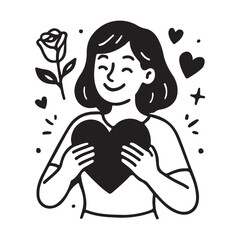 Expressive doodle art showing a happy woman holding a heart, surrounded by love and positivity, perfect for Valentine's Day or mental health campaigns