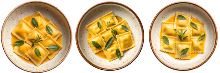Three plates of ravioli with herbs isolated on transparent background